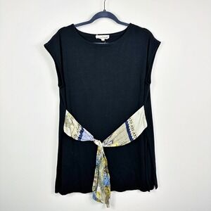 JOHNNY WAS CALME Womens Black Bamboo Cotton Tunic Top Silk Scarf Belt Size M‎